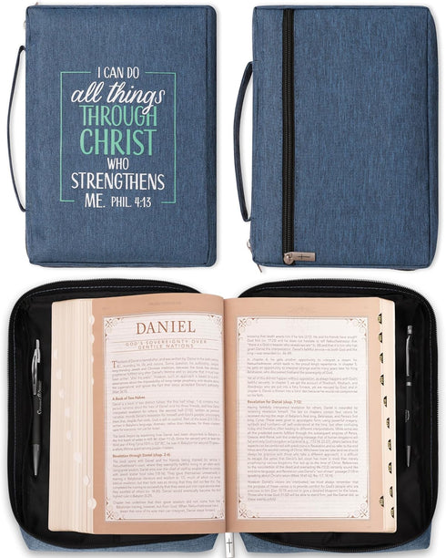 Christian Art Gifts Men's/Women's Bible Cover, I Can Do All Things Philippians 4:13, Blue/Turquoise Canvas, Large