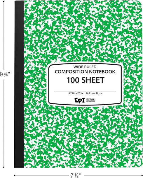 EPI Wide Ruled Marble Composition Notebook, Green, 100 Sheets, 4-Pack