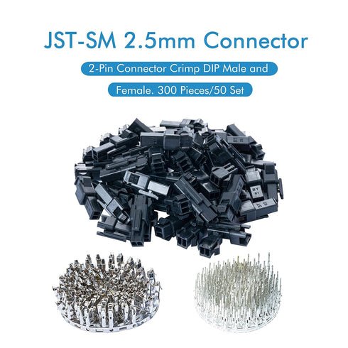 JST SM Connector 2.5 mm Pitch 2-Pin Male Plugs, Female Sockets, 50 Sets/300 Pieces T-Shaped Crimp Terminal Adapter.
