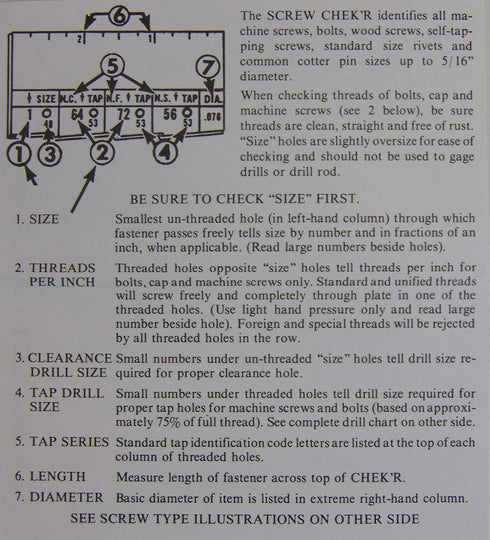 Ruelle Screw Chek'r SAE/Inch - Size Gauge No. 1-5/16 to 1/8" Heavy Gauge Steel