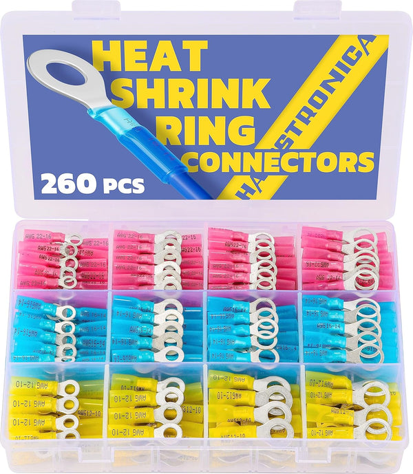 haisstronica 260PCS Marine Grade Heat Shrink Ring Connectors, Tinned Red Copper Insulated Ring Crimp Terminals