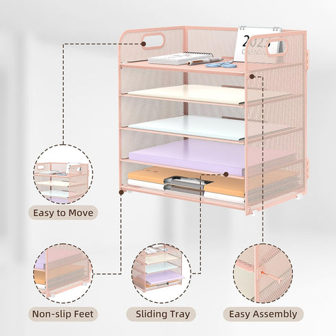 Supeasy 5 Trays Paper Organizer Letter Tray with Handle, Mesh Desk File Sorter for Office, Home or School