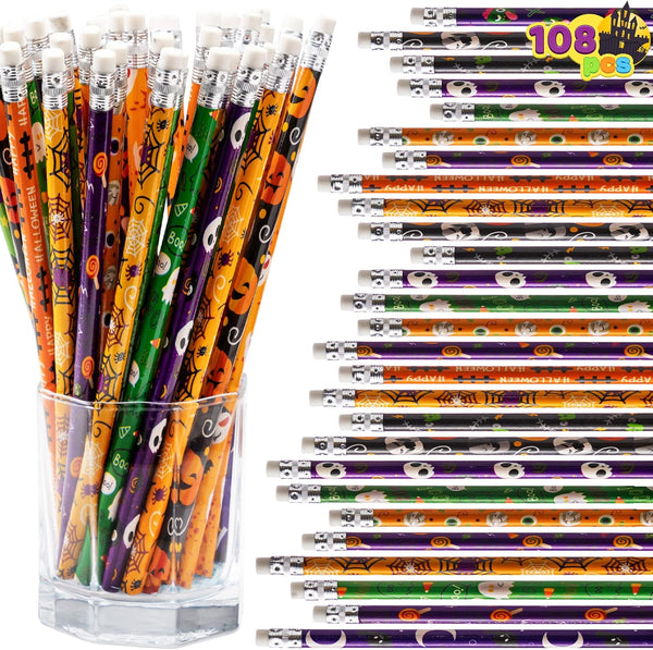 JOYIN 108 PCS Halloween Themed Pencil Assortment with Eraser in 12 Designs, Colorful Wood Pencils for Kids Party