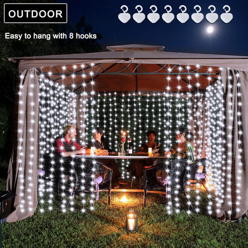 echosari Christmas Curtain Lights Solar Powered 7.9ft x 6ft 144 LED Outdoor Curtain Lights Waterproof with Timer 8 Modes for Christmas Garden Patio Fence Wedding Wall Window Gazebo Decor Cool White by echosari