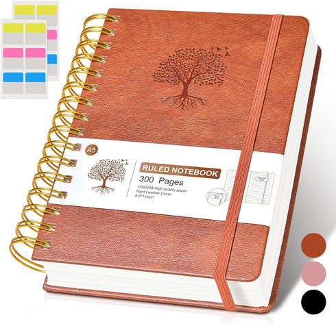 Lined Spiral Notebook Journal, 300 Pages A5 College Ruled Leather Notebooks for Women Men, 100 GSM Thick Paper