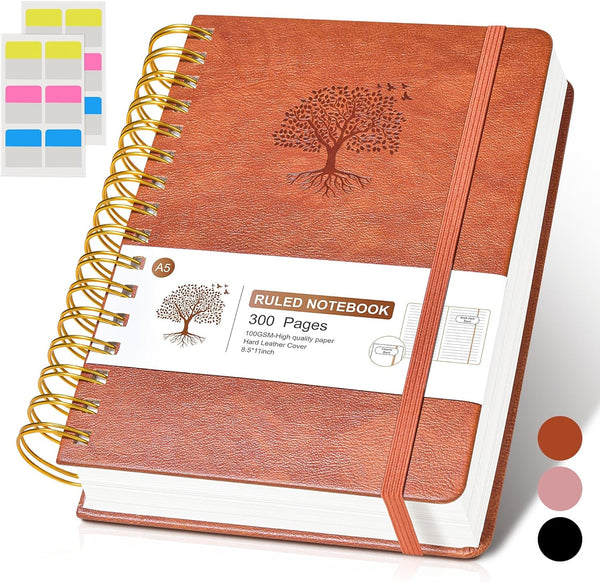 Lined Spiral Notebook Journal, 300 Pages A5 College Ruled Leather Notebooks for Women Men, 100 GSM Thick Paper