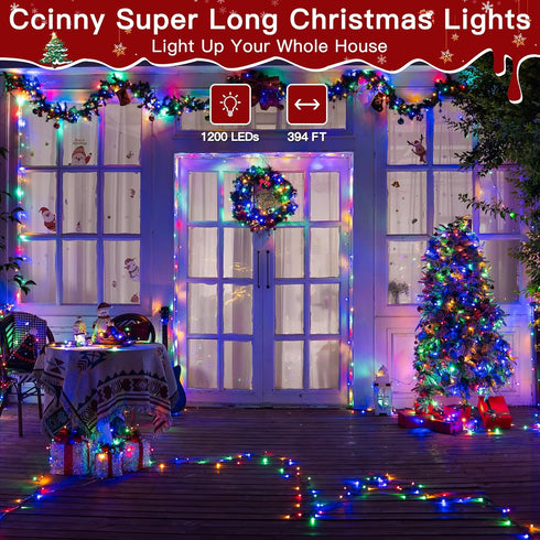 394FT 1200 8 LED Christmas Lights Outdoor, Multicolored Christmas Tree Lights Plug in, Modes Twinkle String Light