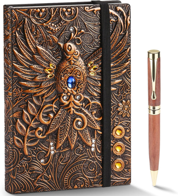 Leather Writing Journal Vintage Notebook, Embossed Phoenix Daily Notepad Diary with Lined Page, 200 pages, 8.3 x 5.8in