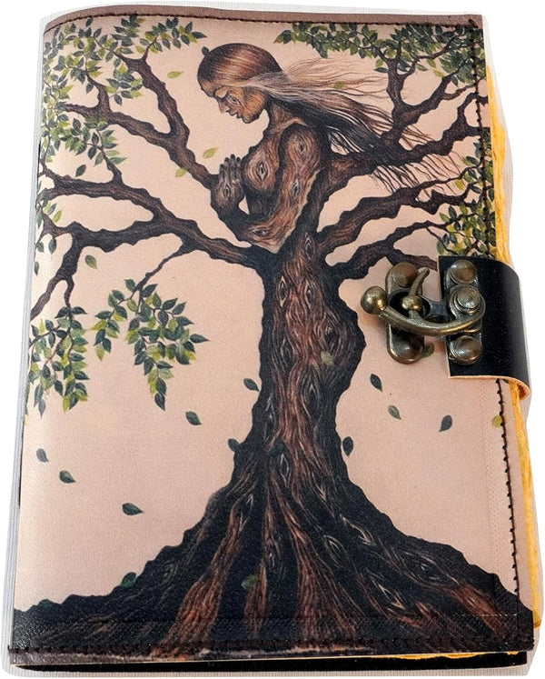 Handmade Leather Mother of Earth Journal – Tree of Life Design, Unique Printed Leather Bound Book with Lock Clasp