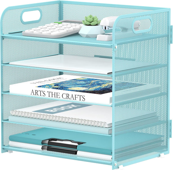 Supeasy 5 Trays Paper Organizer Letter Tray with Handle-Mesh Desk File Organizer,