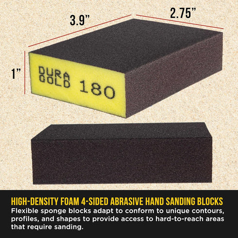 4-Sided Pack, 18, 36, 60, 80, 100, 120, 150, 180, 220, 320-3.9" 2.75" 1" Dura-Gold Hand Sanding Block Sponge Variety