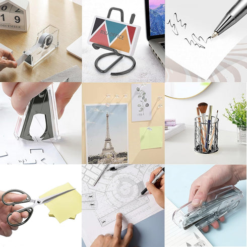 Office Desk Accessories Set, Acrylic Stapler, Staple Remover, Tape Holder, Pen Holder, Scissors, Binder Clips, 1000