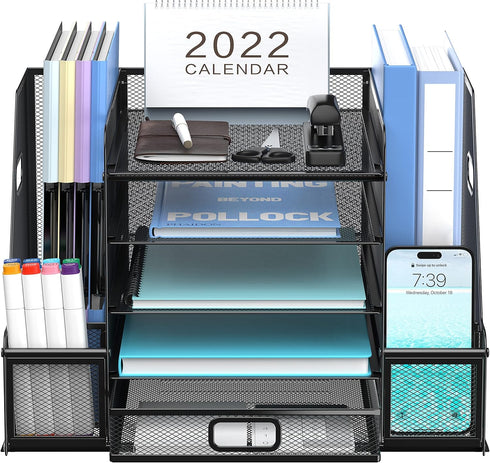 SUPEASY White Mesh Desk Organizer with File Holder, 5-Tier Paper Letter Tray, Magazine Holder for Office