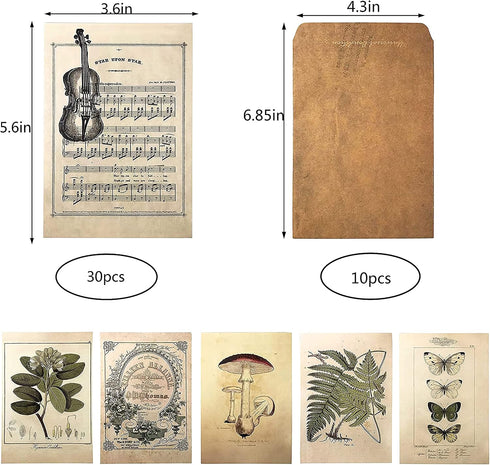 MUMULULU Set Vintage Style Postcard and Envelope Floral Retro Plant Butterfly Vintage Memories Letter Plant Music