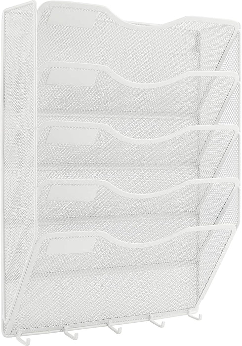 EasyPAG Wall Mount File Organizer with Key Hooks, 5 Pocket Vertical Mesh Holder for Office and Home