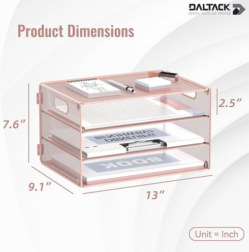 DALTACK 3 Tier Letter Tray Paper Organizer with Handle, Mesh Desk File Organizer for School Office Home, Pink
