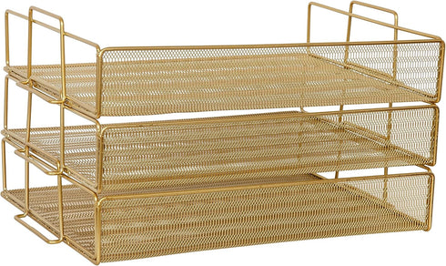 Martha Stewart Ryder 3 Tier Desk Letter Tray Organizer, Stackable Steel Mesh Inbox Tray for Files and Papers (Gold)