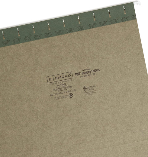 Smead TUFF Hanging File Folder, Letter Size, Standard Green, 20 per Box with Easy Slide Tab