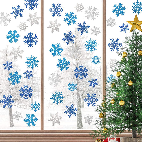 Whaline Snowflake Cut-Outs - 48Pcs Glitter Blue Silver Double-Sided Holiday Cut-Outs with Glue Point for Winter