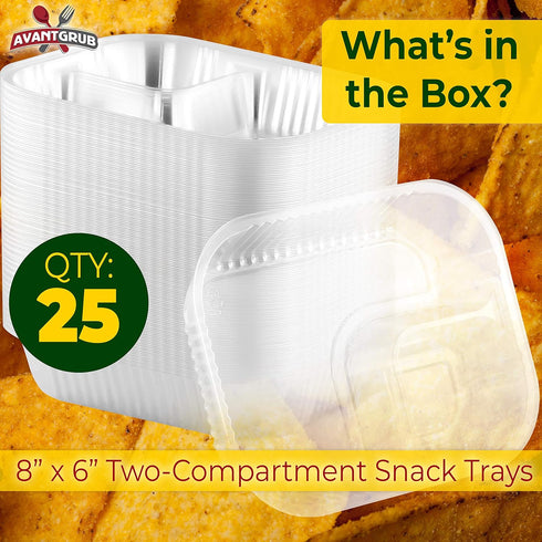 Large 6x8 Inch Anti-Spill Plastic Nacho Trays 25 Pack, Reusable 2 Compartment Boats for Dips, Snacks, and Fair Foods