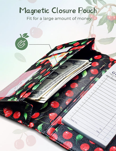 4.7 9 Mymazn X Cherry Server Book with Zipper Pocket Bling Waitress Book with Money Pocket and Magnetic Closure