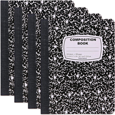 Emraw Marble Composition Notebook, Wide Ruled, Black and White, 100 Sheets, 4 Pack
