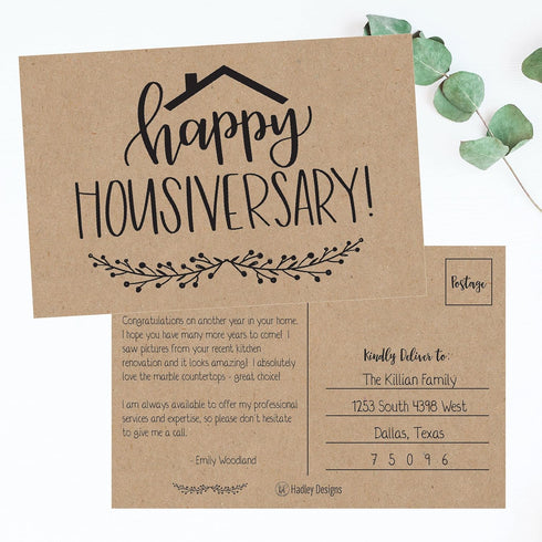 Hadley Designs 25 Kraft Happy Home Anniversary Realtor Cards, Blank Greeting House Postcards, Bulk Thank You Notes