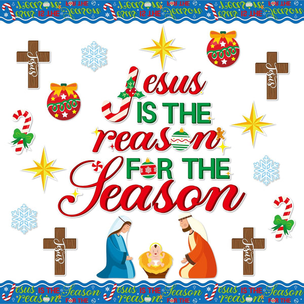 BeYumi 96Pcs Jesus is The Reason for The Season Cutouts for Christmas Nativity Bulletin Board Decoration Set