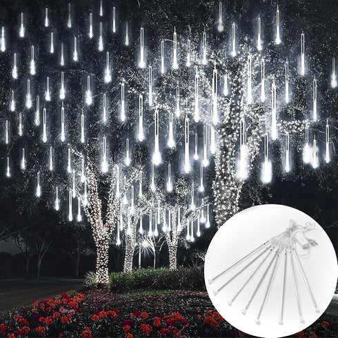 Meteor Shower Lights, 144LED White Holiday Outdoor Illumination with 8 Tubes, Waterproof