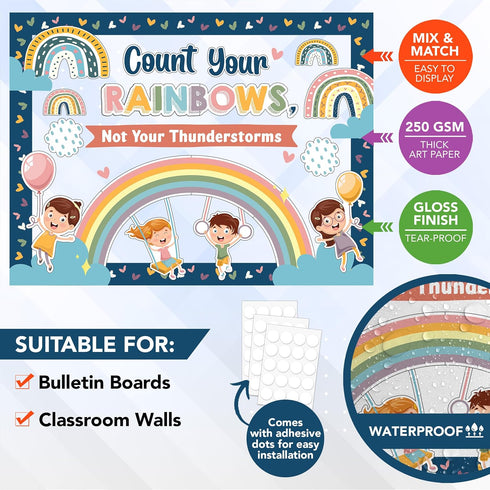 Decorably 54 Pcs Boho Bulletin Board Decorations with Borders - Rainbow Classroom Decor, Boho Rainbow Bulletin Board