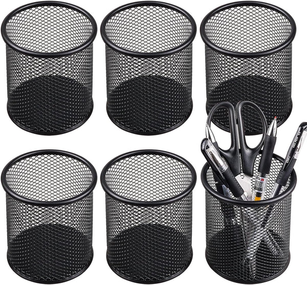 QYH Mesh Pen Cup, 6 Packs Black Metal Pencil Holder for Desk, 3.54x3.93 Inch Organizer