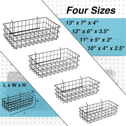 Set 4 Pegboard Baskets, of Black - Hooks to Any Peg Board - Pegboard Accessories, Square Style Wire Shelf Baskets