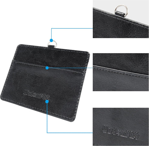 Wisdompro ID Badge Holder with Retractable Keychain, 2-Sided PU Leather Pass Card Holder, 2 Card Slots, Black,
