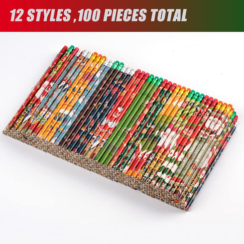 Kolewo4ever 100 Pieces Christmas Pencils Xmas Wood Pencils with Eraser Tops Snowman, Santa and Elk Pencil Assortment Christmas Stationery Pencil,12 Styles (100) by Kolewo4ever