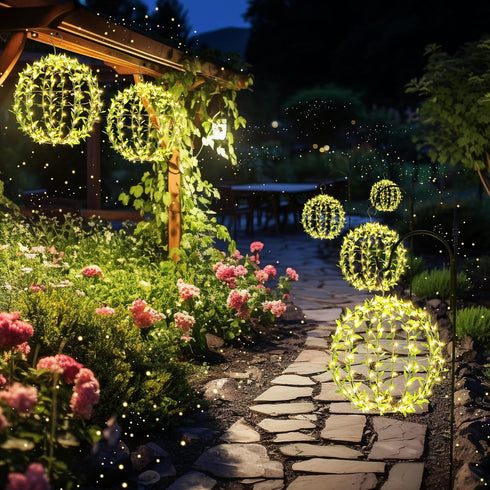 2-Pack 13in 11in 264 8 Joomer Solar Hanging Ball Lights Outdoor, & Total LED Solar Globe Lights, Modes Waterproof Metal