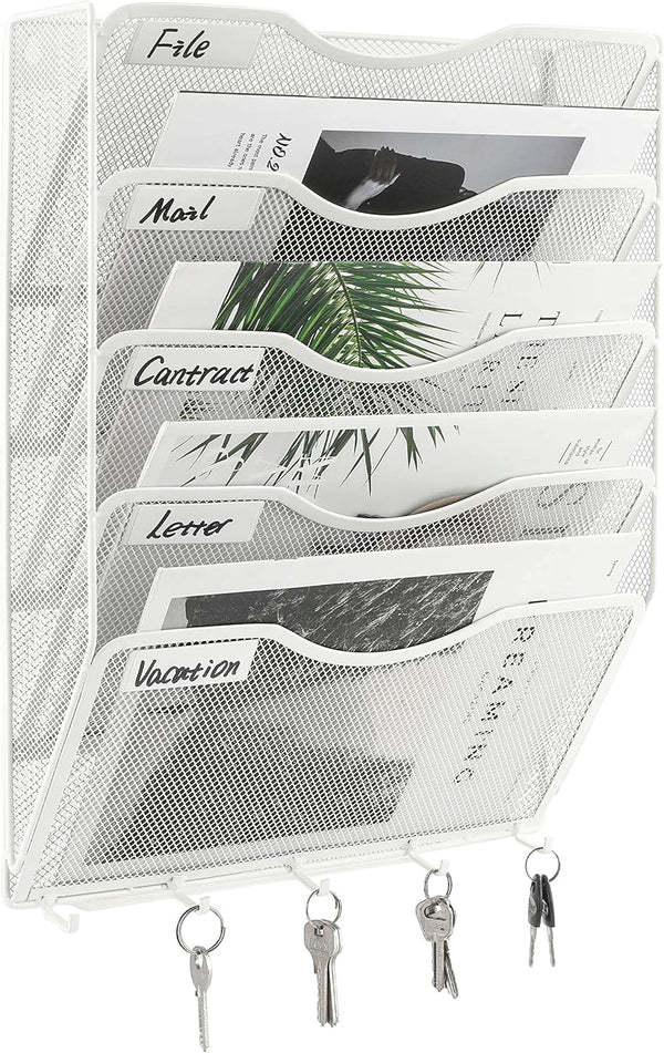 EasyPAG Wall Mount File Organizer with Key Hooks, 5 Pocket Vertical Mesh Holder for Office and Home
