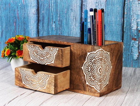 Wooden Hand Carved Desk Organizer, Pencil Pen Stationery Holder with 2 Drawers for Home Office