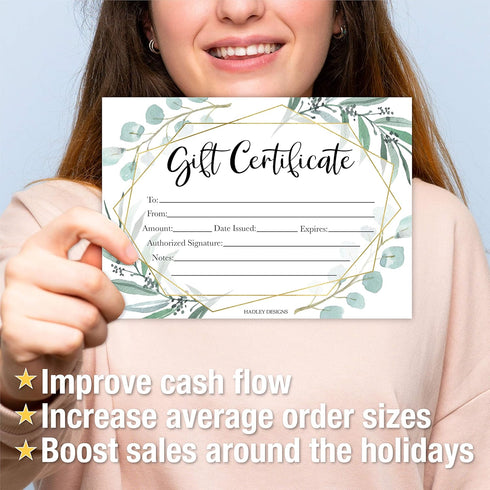Hadley Designs 25 Eucalyptus Gold Blank Certificates, Paper Voucher for Hair & Nail Salon, Small Business Coupons