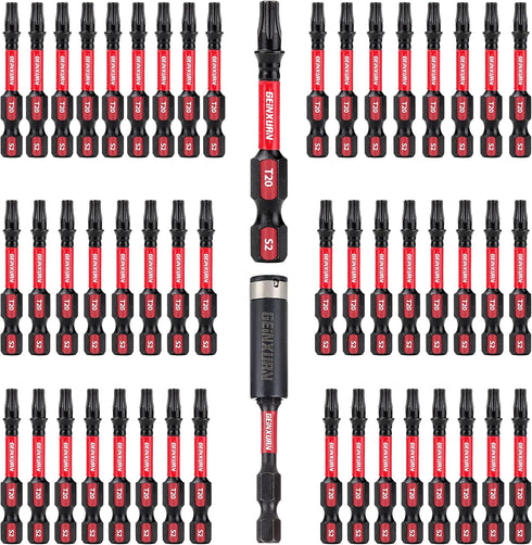 50 Pieces T20 2 In. Impact Tough Magnetic #20 Torx Head Power Bits, S2 Alloy Steel Set with Impact Bit Holder