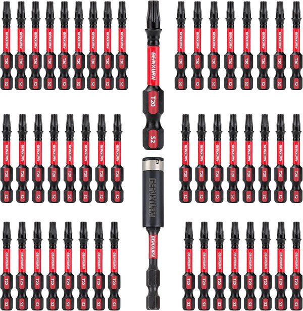 50 Pieces T20 2 In. Impact Tough Magnetic #20 Torx Head Power Bits, S2 Alloy Steel Set with Impact Bit Holder