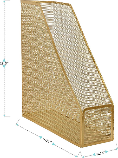 Martha Stewart Ryder Gold Mesh Metal Magazine File Holder, Desktop Organizer (9.75 x 3.75 x 11.5)