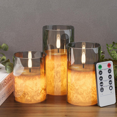 VIODAIM Ice Crystal Real Wax Glass Flameless Candles with Remote & Timer,
