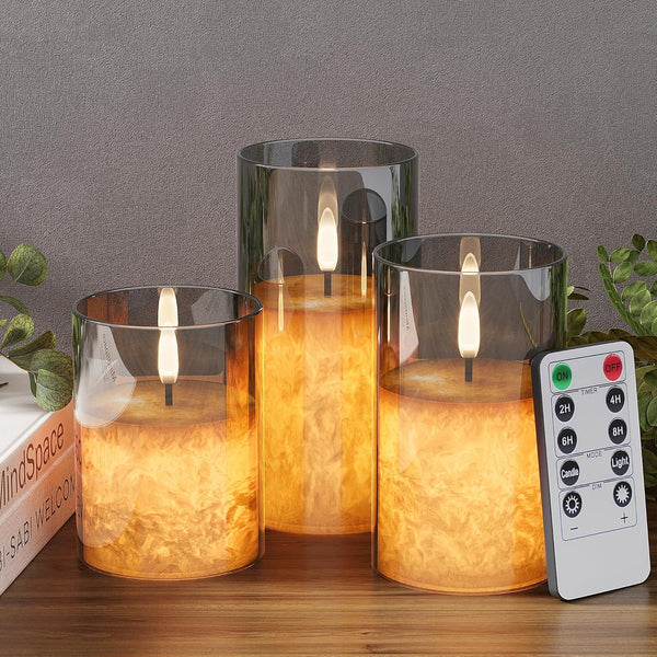 VIODAIM Ice Crystal Real Wax Glass Flameless Candles with Remote & Timer,
