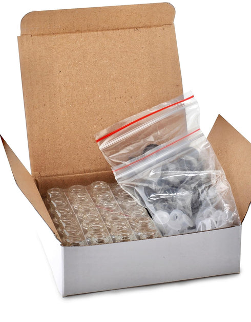Vivaplex 24 Clear 2 ml (5/8 Dram) Glass Bottles with Black Caps and Orifice Reducers