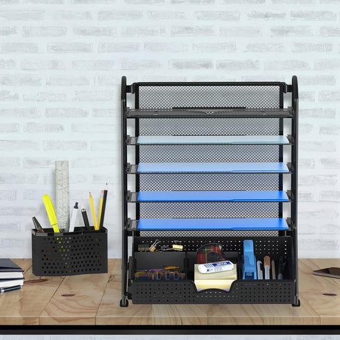 Simple Houseware 6 Tier Desk Document File Tray Organizer with Supplies Sliding Drawer, Black