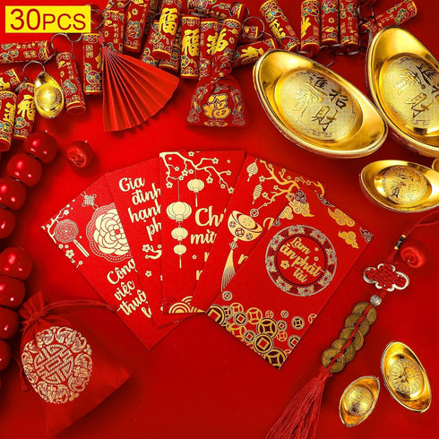 Zhanmai 30 Set 6.69 Inch 3.54 Inch 5 Pcs Vietnamese New Year Red Lucky Money Envelope x Various Designs New Year