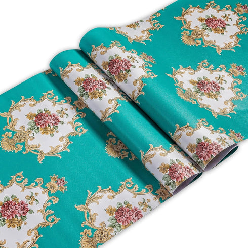 5482 Luxury Damask Peel and Stick Wallpaper 17.7" 9.8ft, Cyan Peony Floral Self Adhesive Decorative Paper