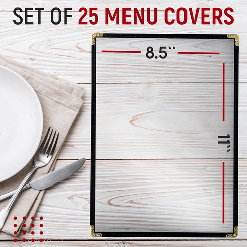 25 8.5'' 11'', Restaurant Menu Covers x Double Stitched Single Pocket Menu Holder with Golden Corners, Clear Viewing