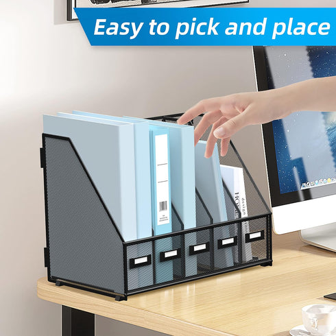 SUPEASY Metal Desk Magazine File Holder with 5 Vertical Compartments, Black Organizer for Office Desktop