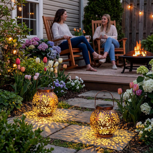 2 Pack JOIEDOMI Outdoor Solar Hanging Lantern Lights, Waterproof Tabletop with Handle, LED Moroccan Lanterns, Metal